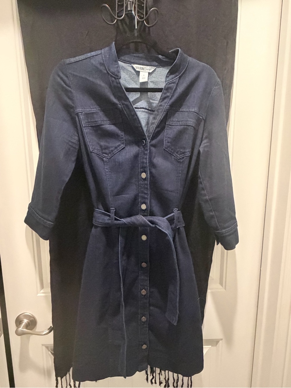 White House Black Market Dark Navy Button-Front Belted Midi Dress
